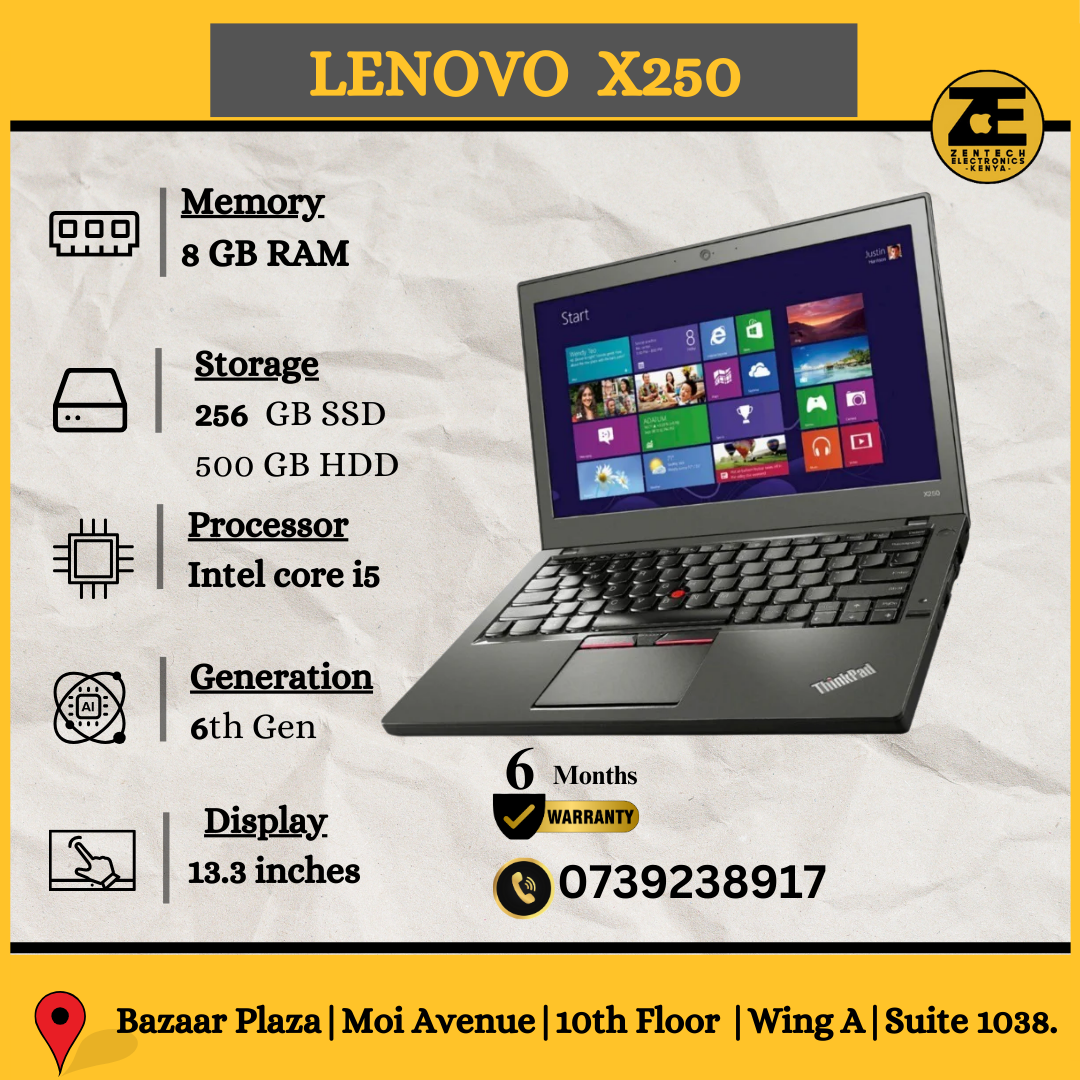 Lenovo ThinkPad X250 laptop with Intel Core i5 processor, 8GB RAM, and 256GB SSD, displayed on a table with its specifications listed alongside.